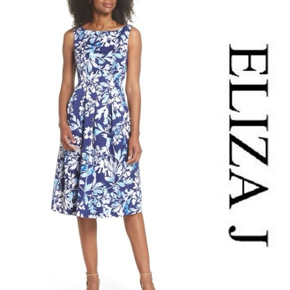 NWT Eliza J Fit and Flare Floral Navy Dress Sz 14